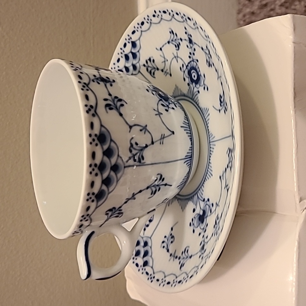 Royal Copenhagen Blue Fluted Half Lace Cup & Saucer Coffe